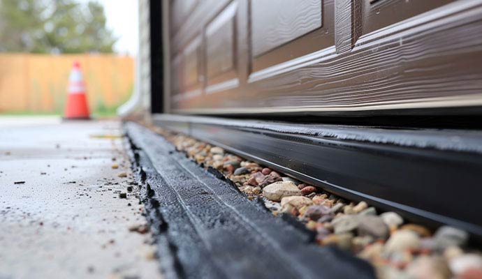 Bottom rubber weather seal installed along the garage door threshold