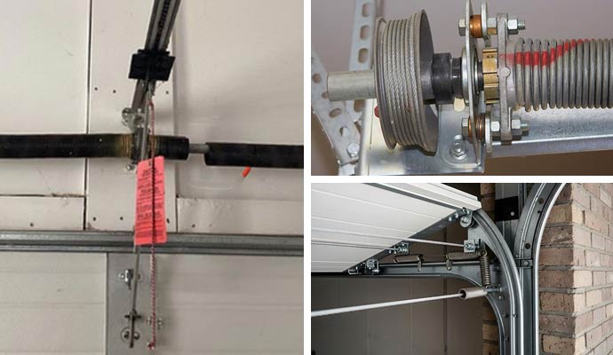 Collage of a broken garage door spring, garage door cable and garage door track