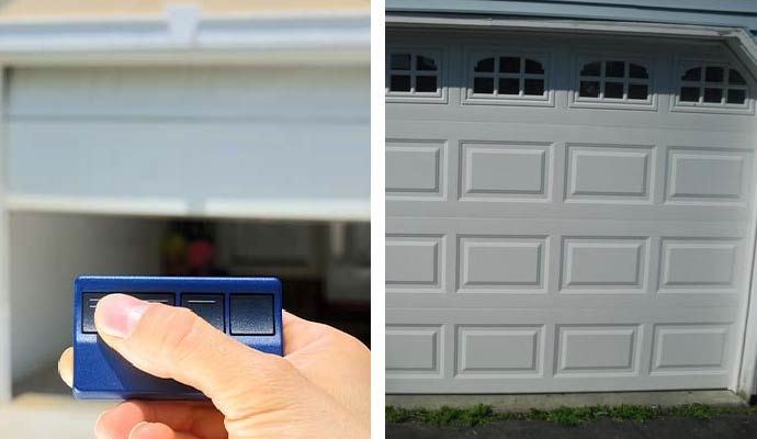 Collage of automated garage door with remote control and insulated garage doors