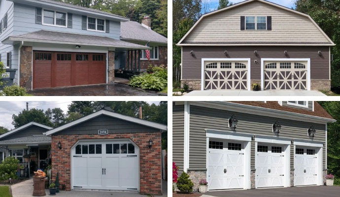 Collage of Clopay, Amarr, CHI, and Garaga branded garage doors