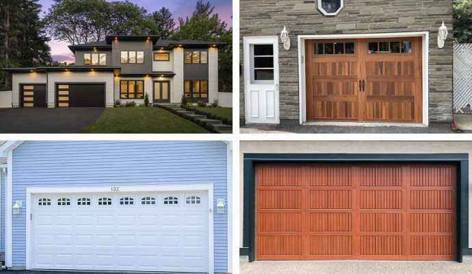 Collage of steel, wood, aluminum and fiberglass made garage door