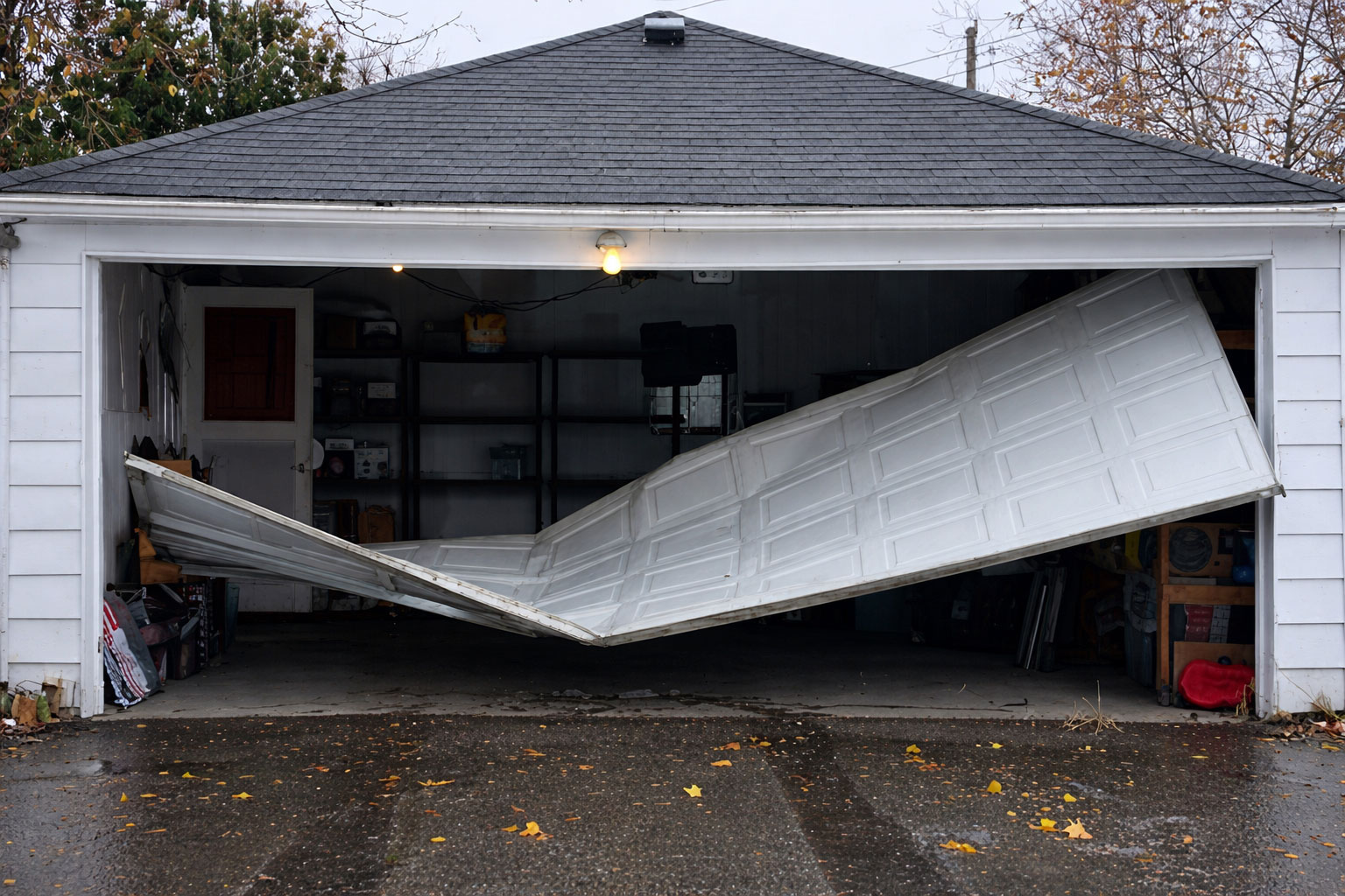 Damaged white garage door