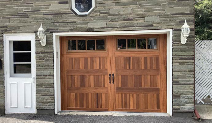 Front view of a wooden garage door