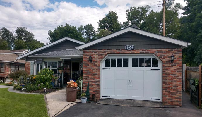 Brick garage white door