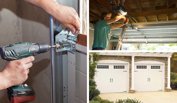 Collage of garage door installation, garage door opener repairing service and installed garage door