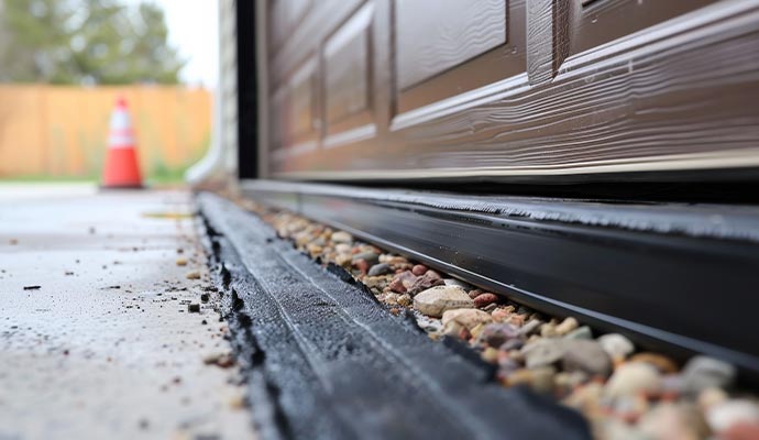 Garage door bottom with installed weather seal on concrete floor