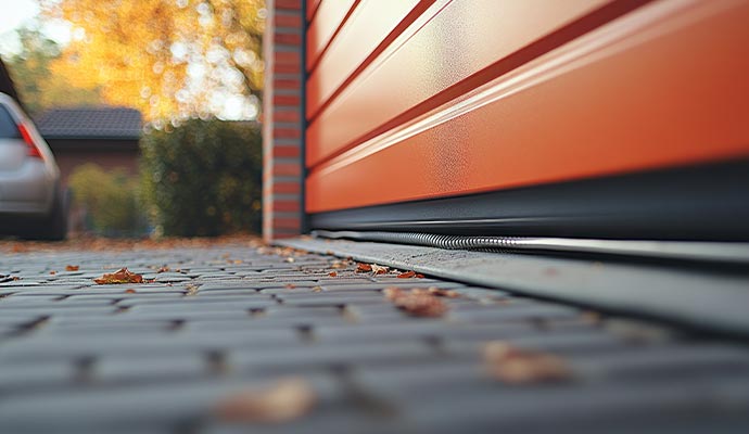Orange garage door bottom with installed weather seal on cobblestone driveway