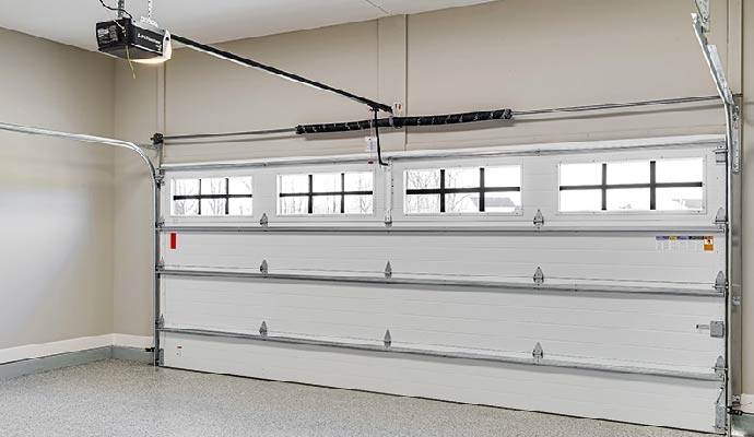 Interior view of an installed white Clopay garage door