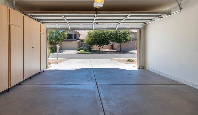 Interior view of an open garage door