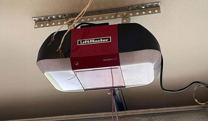 LiftMaster Security+ 2.0 garage door opener motor mounted to ceiling bracket