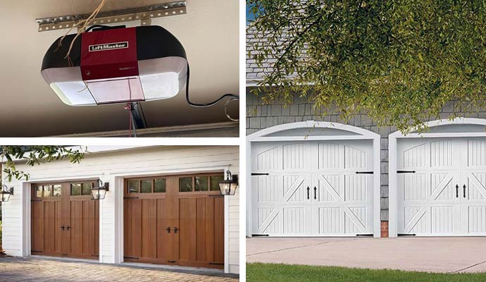 Collage of garage door opener, wooden doors, and carriage doors