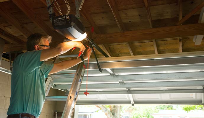 Technician on a ladder inspecting and adjusting an overhead garage door opener